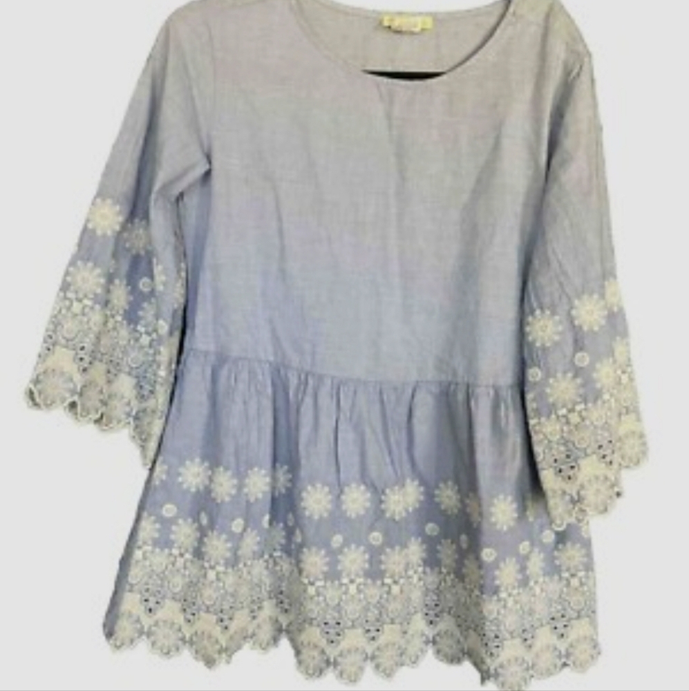 Sweet Magnolia Cotton Embroidery Top Light Blue 3/4 Sleeves Size Small Boho